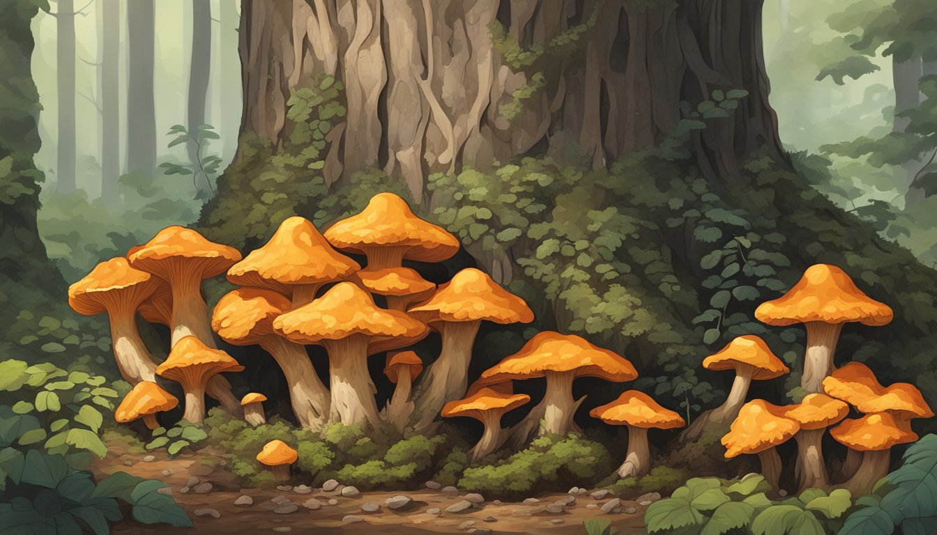 A cluster of vibrant Chicken of the Woods mushrooms growing on the side of a decaying tree trunk in a lush forest setting