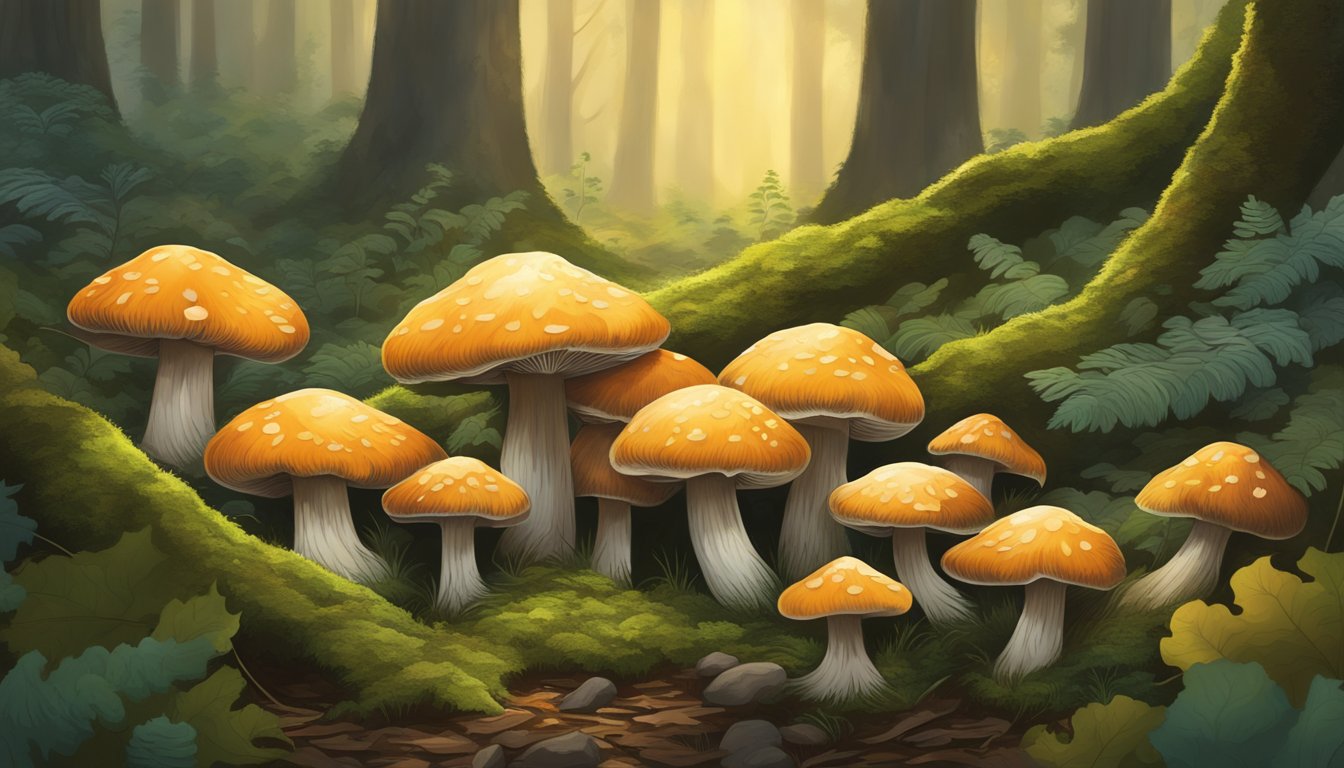 A cluster of Lion's Mane mushrooms grows on a mossy forest floor, surrounded by fallen leaves and dappled sunlight