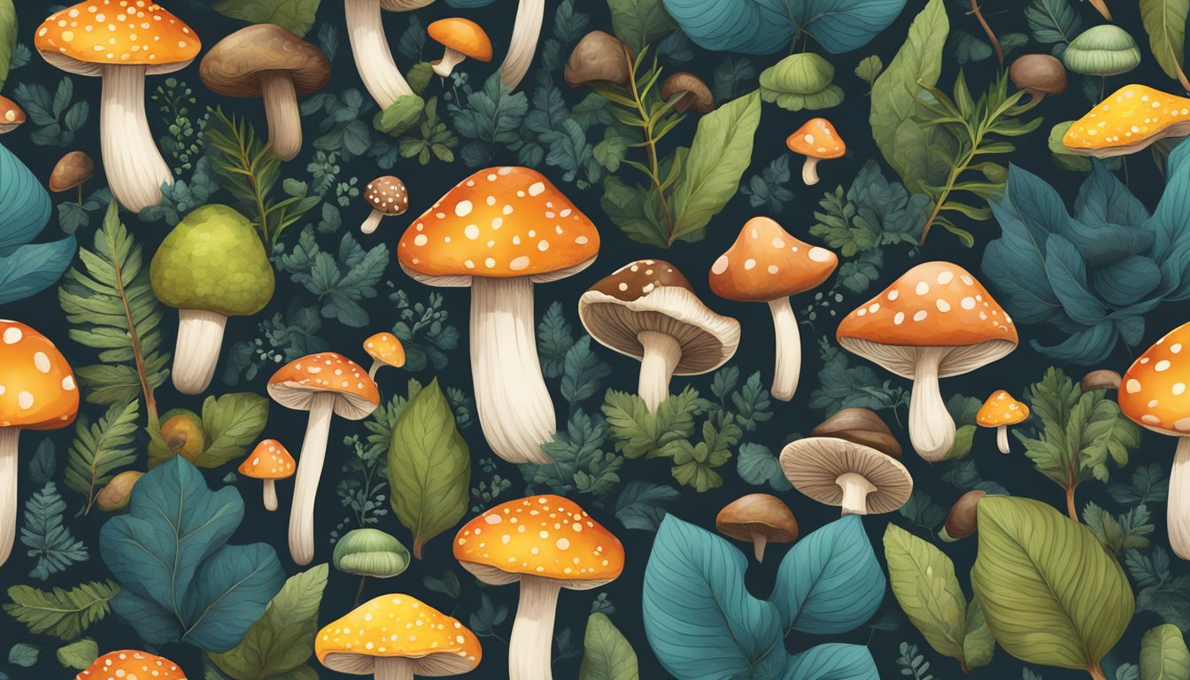 A variety of mushrooms of different shapes, sizes, and colors arranged on a forest floor with leaves and twigs scattered around