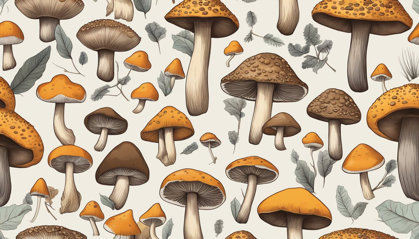 A collection of 10 easily identifiable mushrooms arranged on a wooden surface, surrounded by a few fallen leaves and small twigs