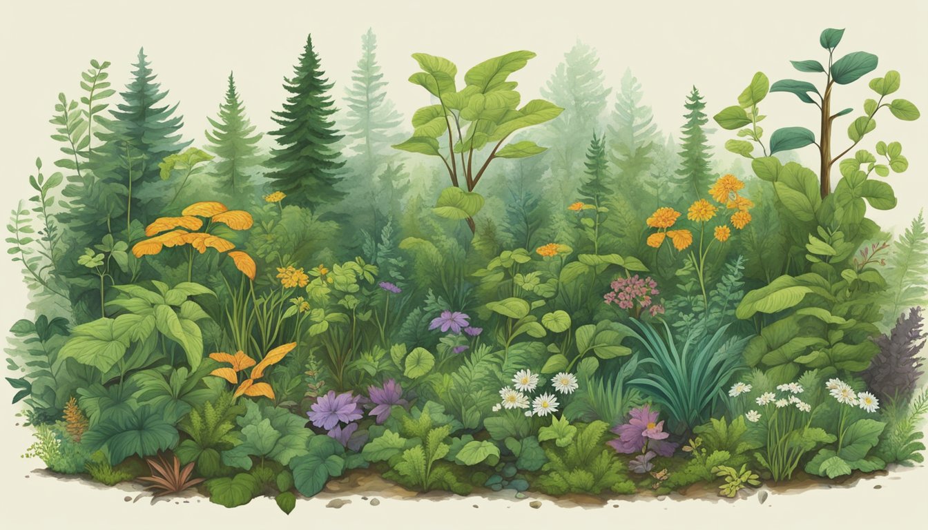 A lush forest floor with 16 different wild plants scattered around, each labeled with their names