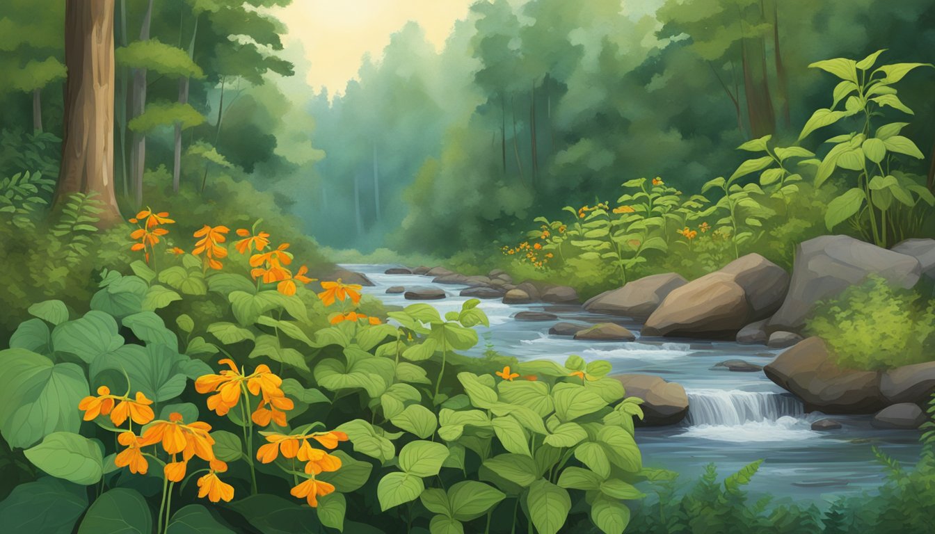 A lush forest clearing with vibrant jewelweed plants surrounded by other wild plants, with a gentle stream flowing nearby