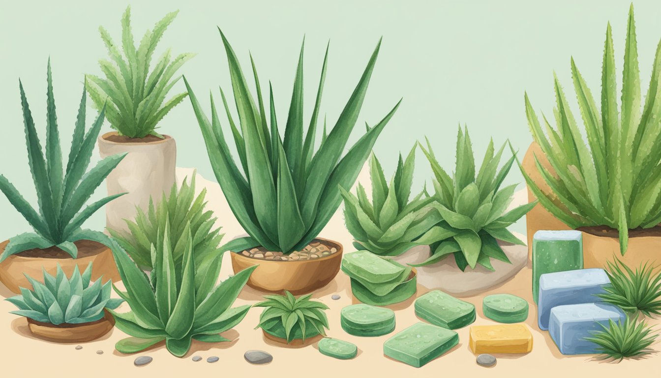 Aloe vera plant surrounded by 15 other wild plants, with soap bars made from each plant displayed nearby