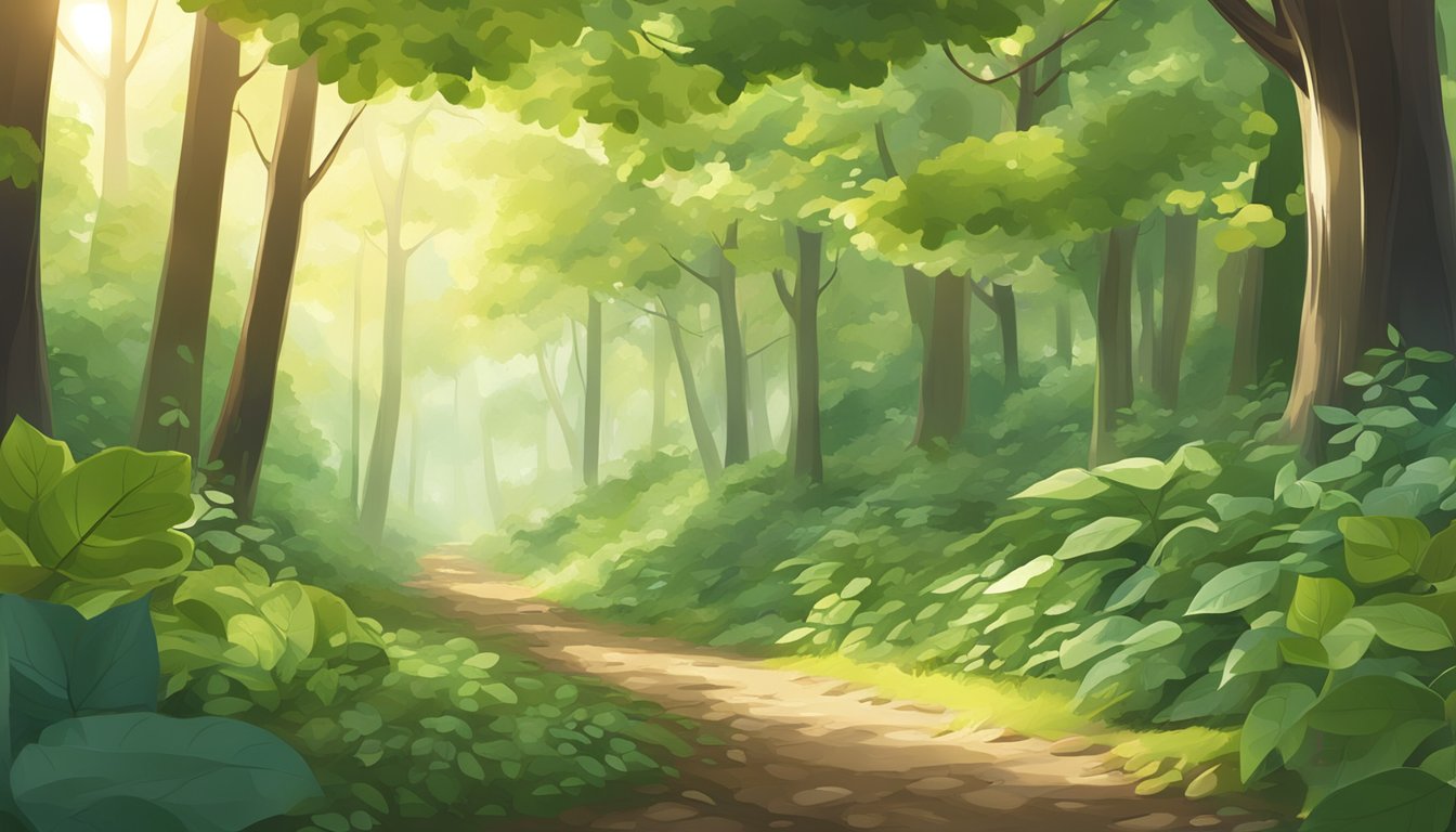 A forest trail with sunlight filtering through the leaves, showcasing five different edible tree leaves