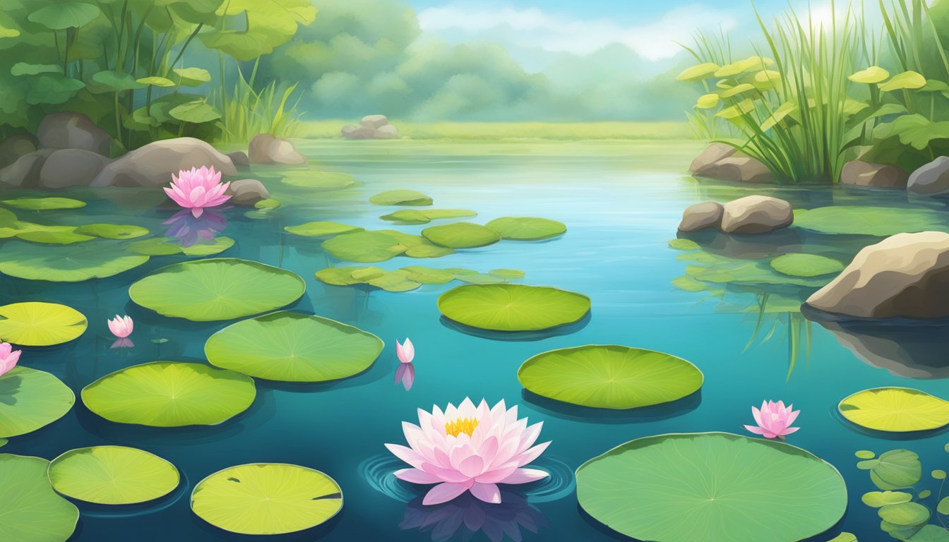 A serene pond with vibrant lotus roots and other edible aquatic plants growing in the clear water