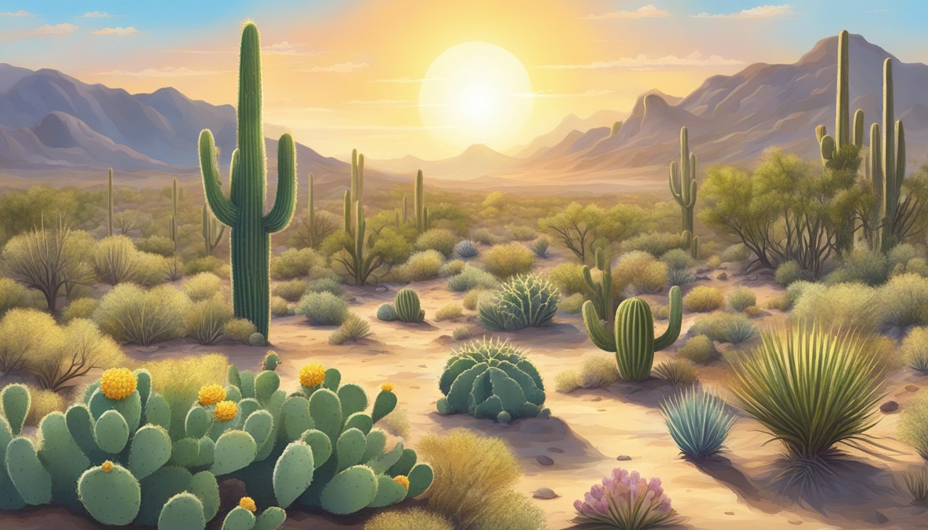 A desert landscape with saguaro cacti, prickly pear, and other survival plants under a bright sun