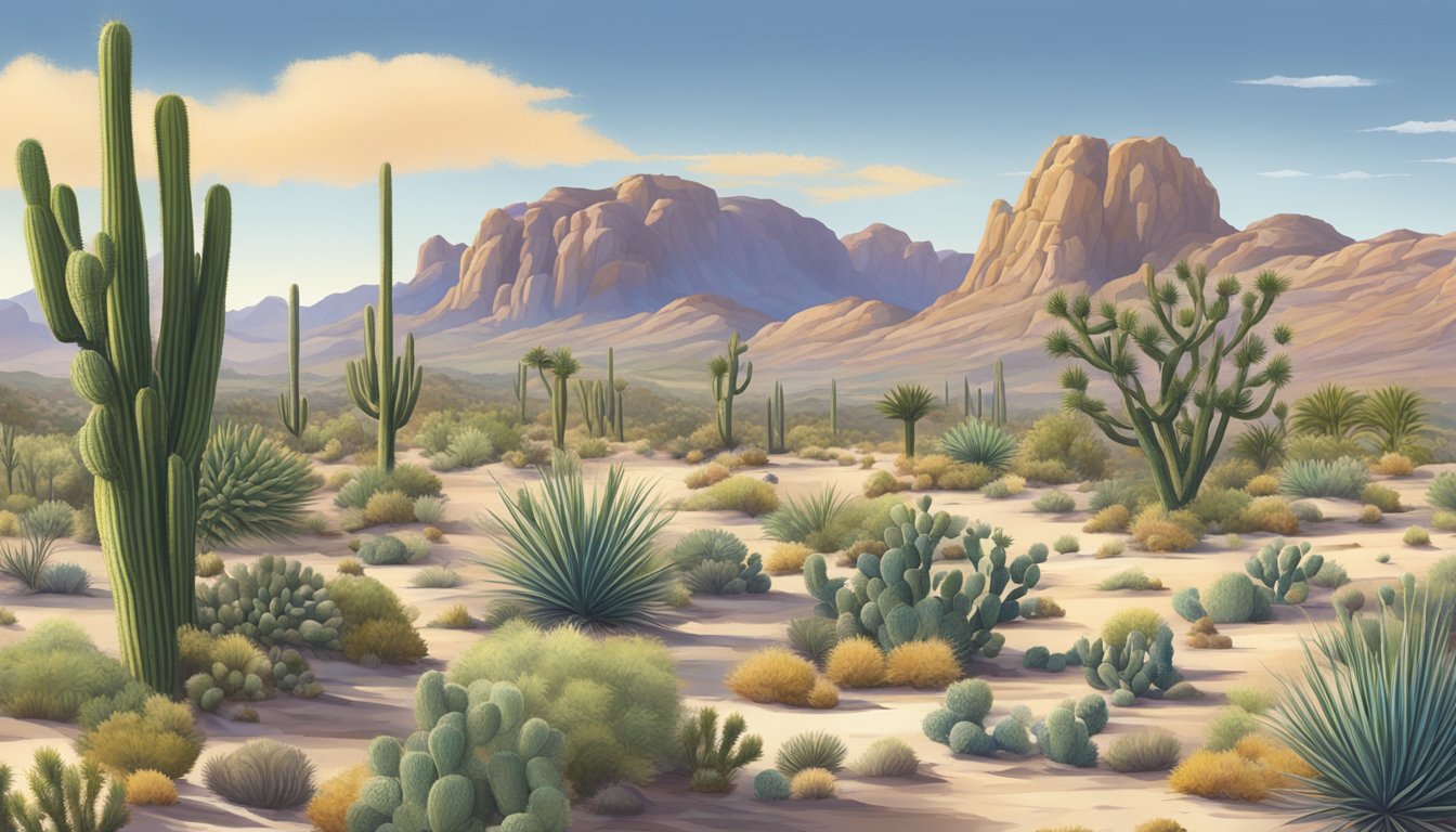 A desert landscape with Joshua trees, cacti, and other hardy plants, set against a backdrop of rocky terrain and a clear blue sky