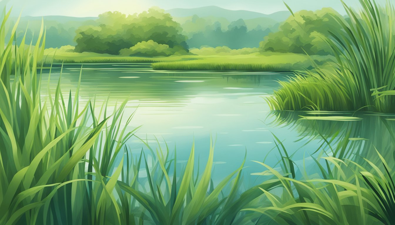 Lush green sedges and aquatic plants growing in a serene lake or pond