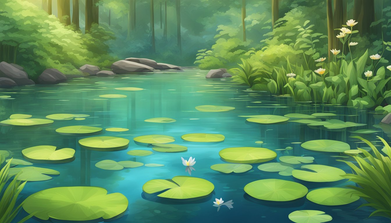 A serene pond with a variety of edible aquatic plants floating on the surface, surrounded by lush green vegetation and clear water