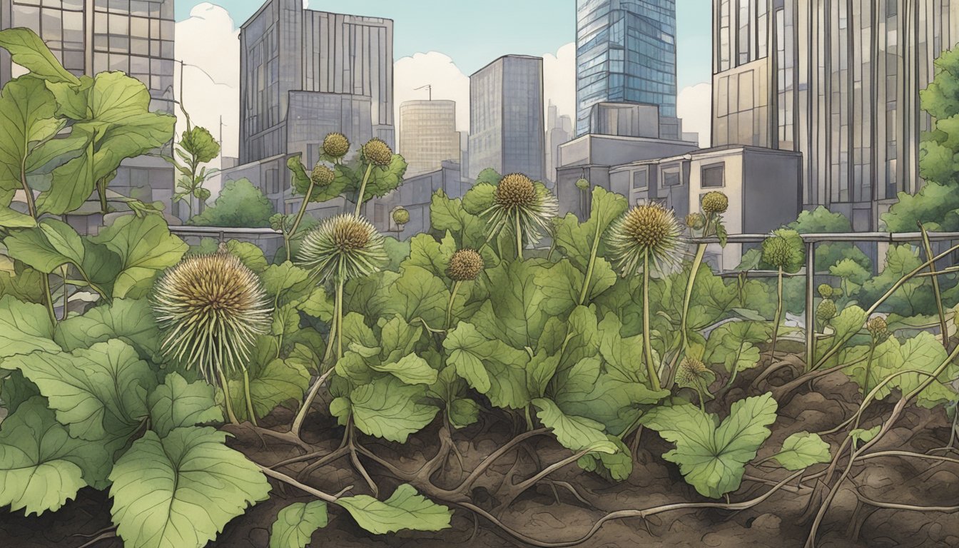 A close-up of burdock root growing among urban greenery, surrounded by other wild edibles in the city