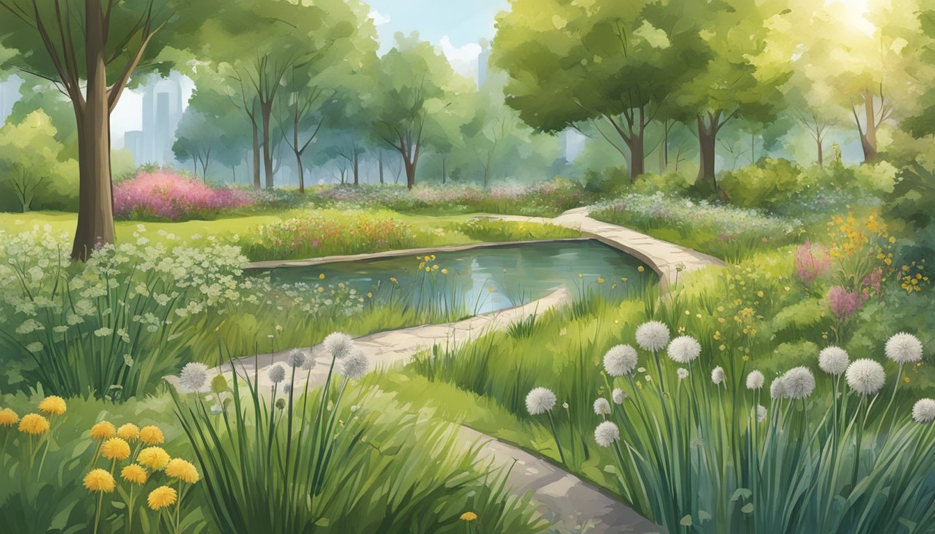 A bustling city park with a variety of wild edible plants growing among the grass and trees, including cattail shoots, dandelions, and berries