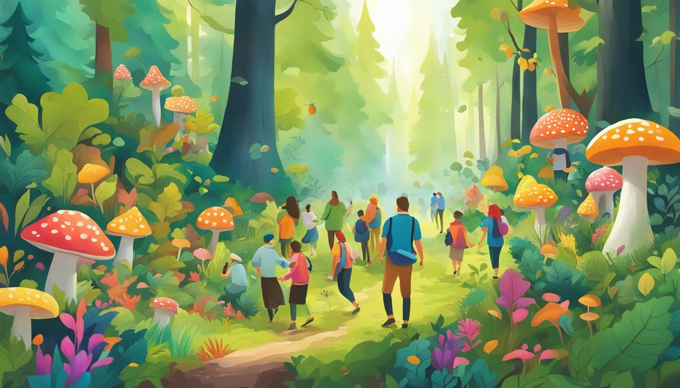 A lively festival scene with people foraging for mushrooms in a lush Canadian forest, surrounded by colorful fruiting bodies and vibrant green foliage