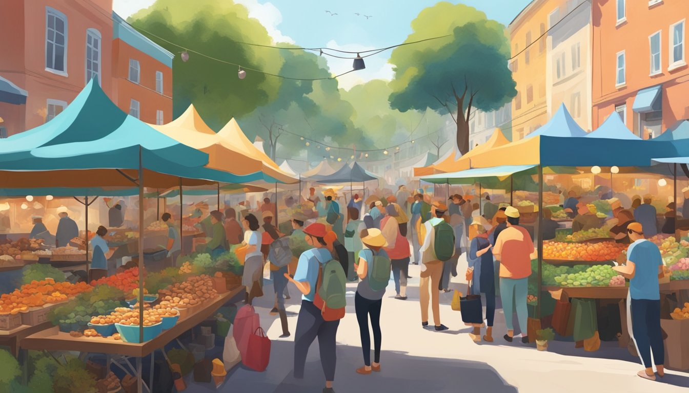 A bustling outdoor market filled with colorful mushrooms and people browsing, surrounded by lush greenery and the sounds of live music