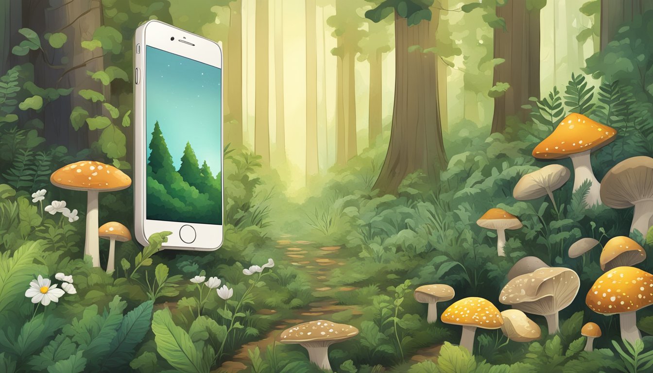 A lush forest scene with various wild edible plants and mushrooms scattered throughout, with a smartphone displaying foraging apps in the background