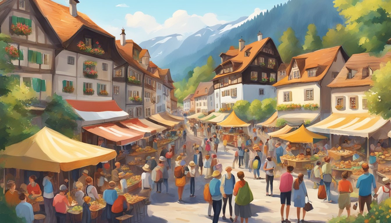 A bustling Mushroom Festival in a picturesque Swiss village, with colorful stalls, lively music, and people enjoying the festivities