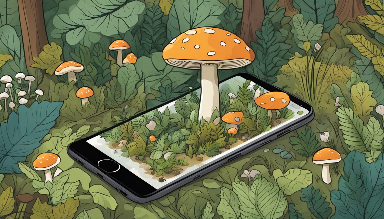 A forest floor with scattered wild edibles like mushrooms, berries, and herbs. A smartphone with foraging apps open, surrounded by nature