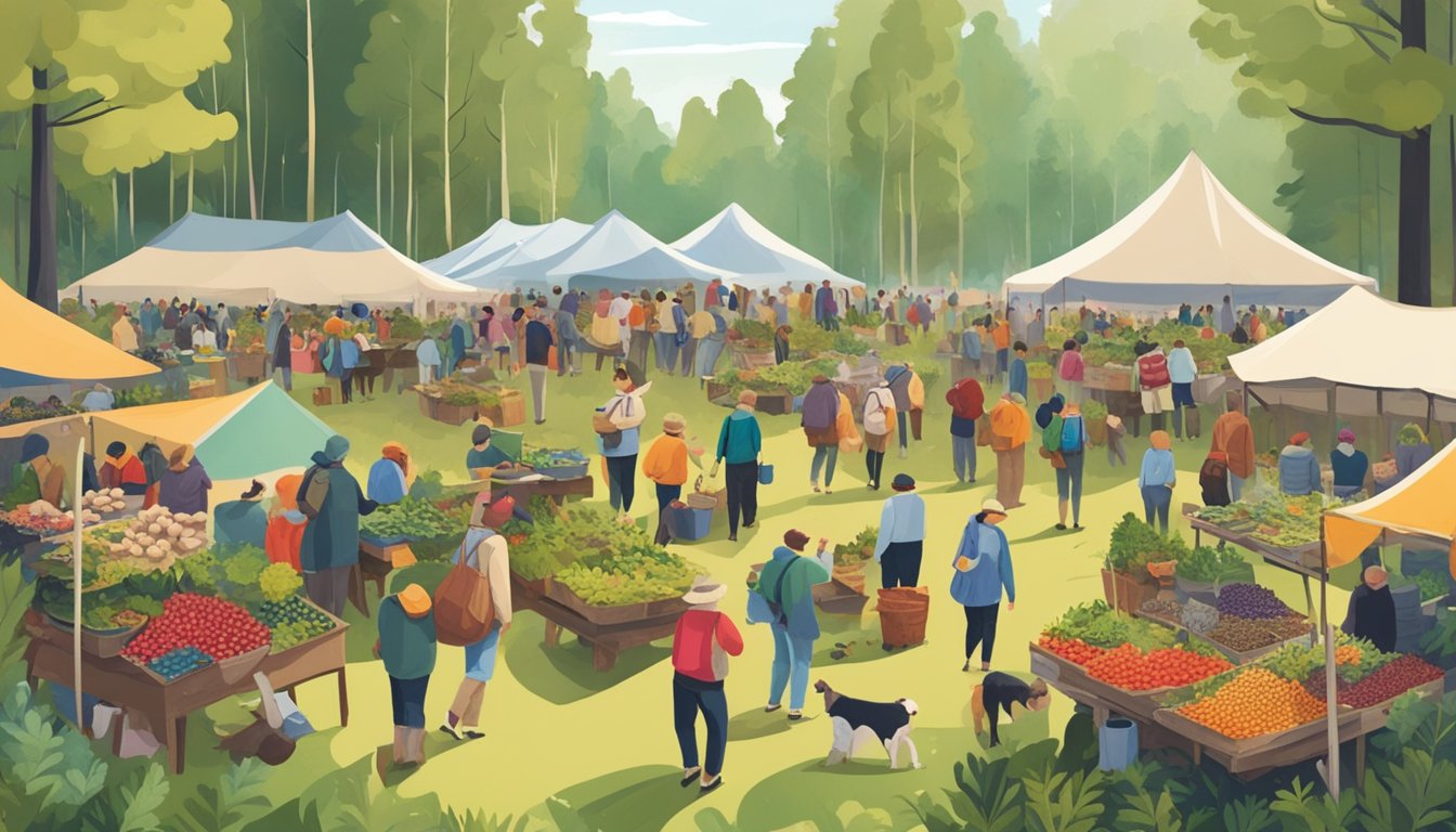 A bustling forest clearing filled with colorful stalls selling wild berries, mushrooms, and herbs. People gather to sample and purchase locally foraged foods at the Forest Foods Festival in Estonia