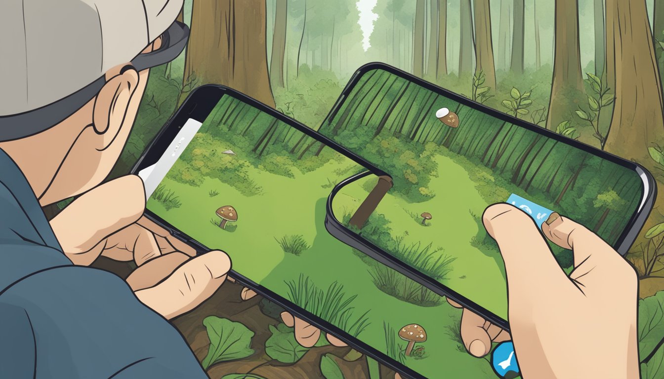 A person using a smartphone to identify wild plants and mushrooms in a forest clearing. The screen displays the iNaturalist app logo