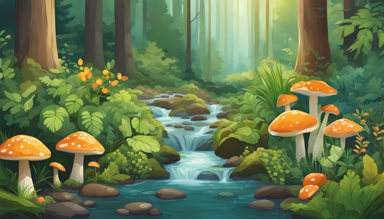 A lush forest floor with an array of wild plants, mushrooms, and berries. A small stream trickles in the background, surrounded by vibrant greenery