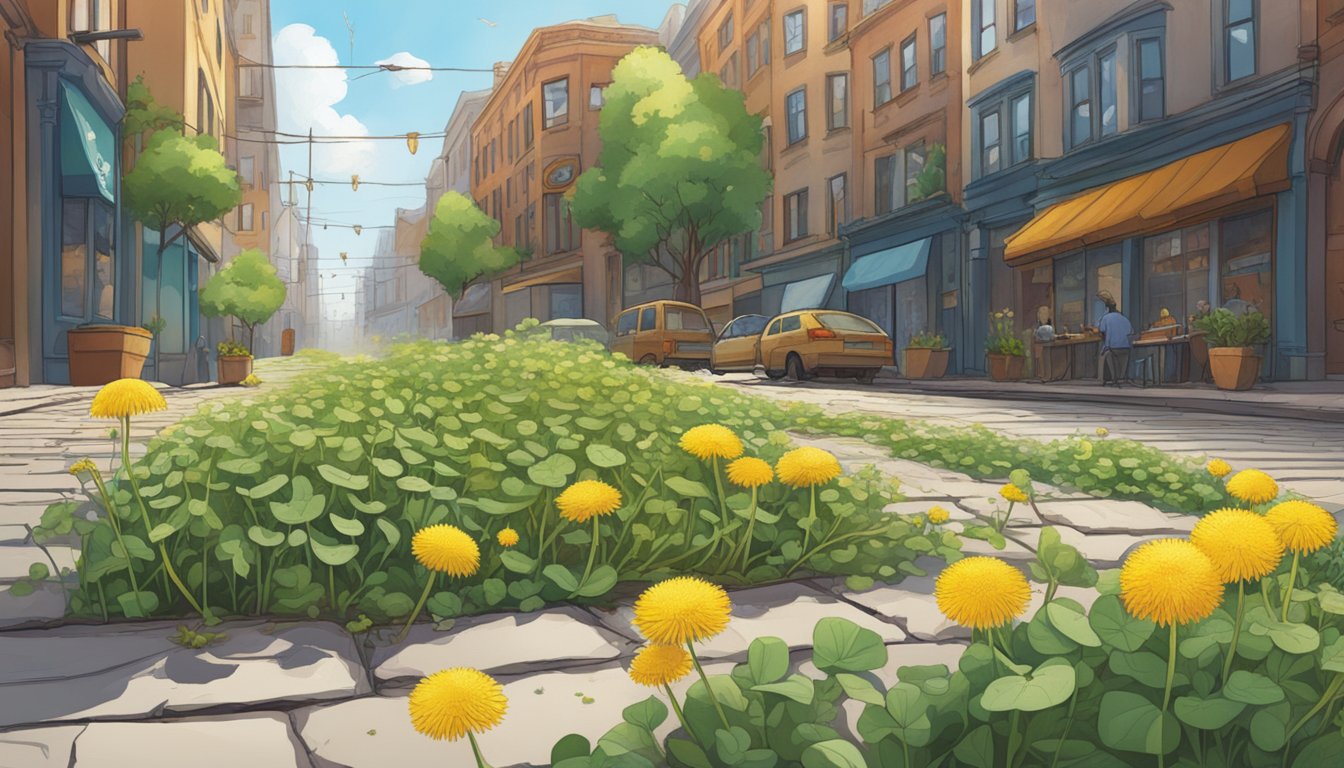 A bustling city street lined with diverse wild plants: dandelions, purslane, and chickweed growing among cracks in the pavement, offering a bounty of nutritional benefits