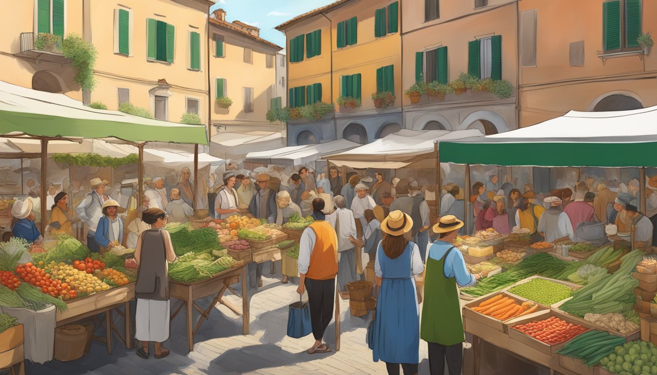 A bustling market with colorful stalls, filled with fresh produce and foraged goods. People gather to celebrate and feast at the Forage & Feast festival in Italy