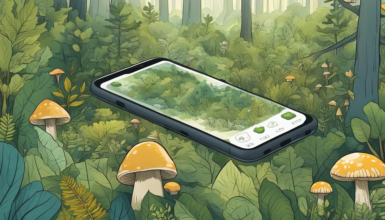 A lush forest with various wild plants and mushrooms, a smartphone displaying foraging apps, and a person exploring and collecting wild food