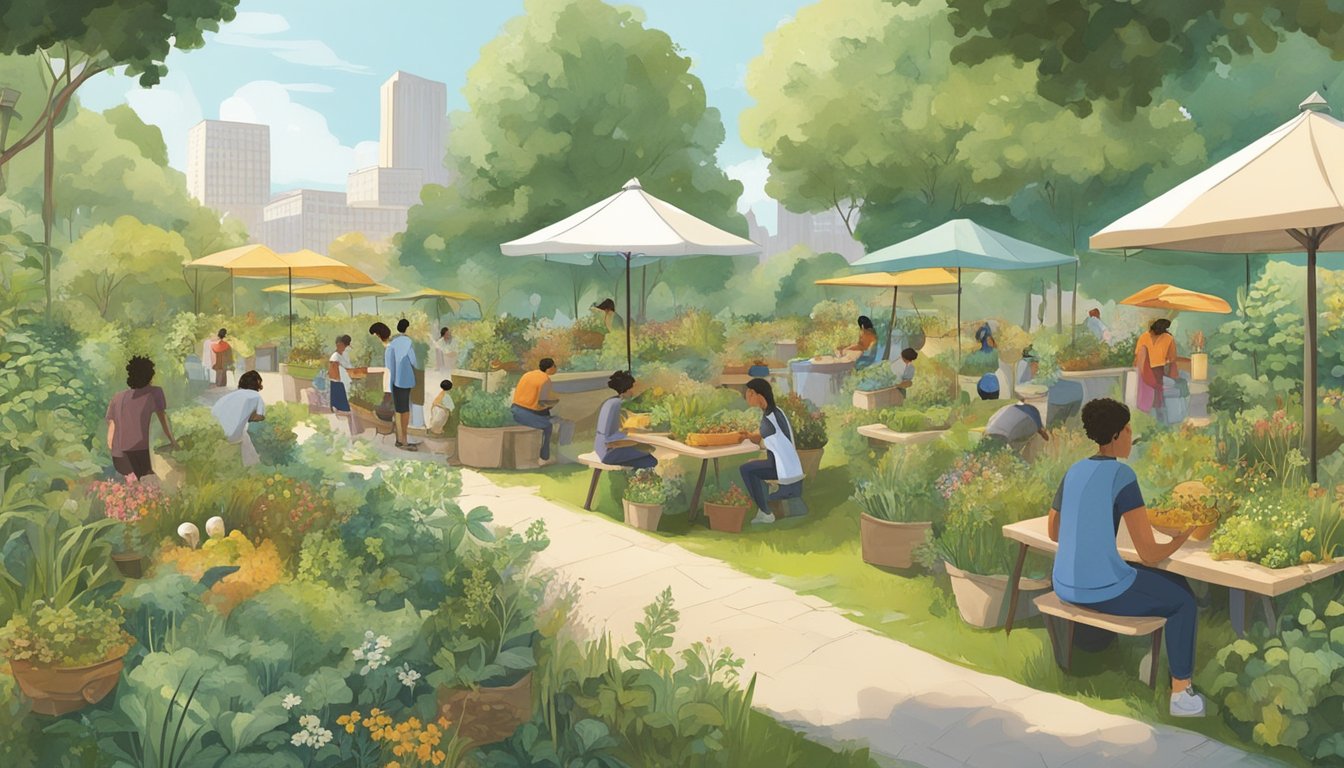 A bustling city park with diverse plant life, including edible wild herbs, fruits, and mushrooms. People are seen carefully harvesting and foraging for sustainable wild edibles