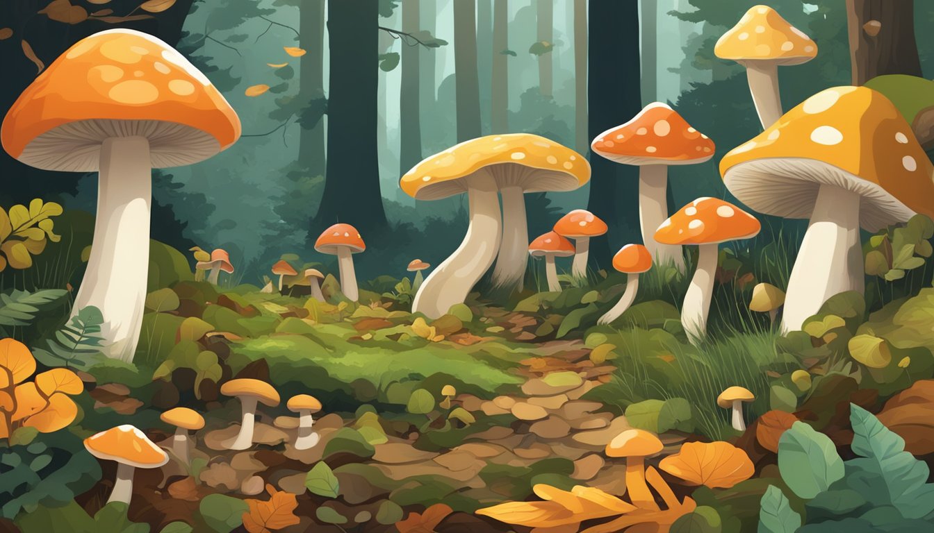 A lush forest floor with a variety of mushrooms in different shapes, sizes, and colors scattered among the fallen leaves and moss