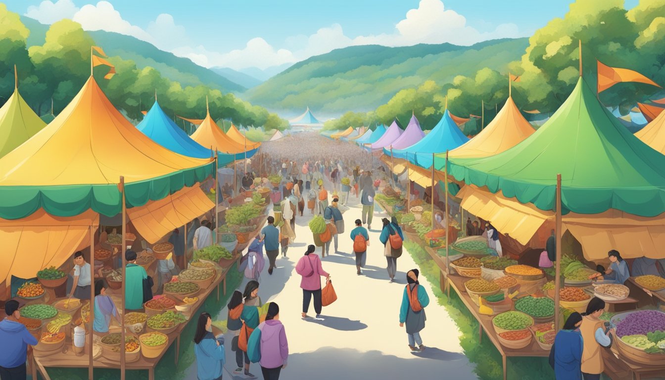 A vibrant outdoor festival with people foraging for wild greens and namul, surrounded by colorful tents and food stalls