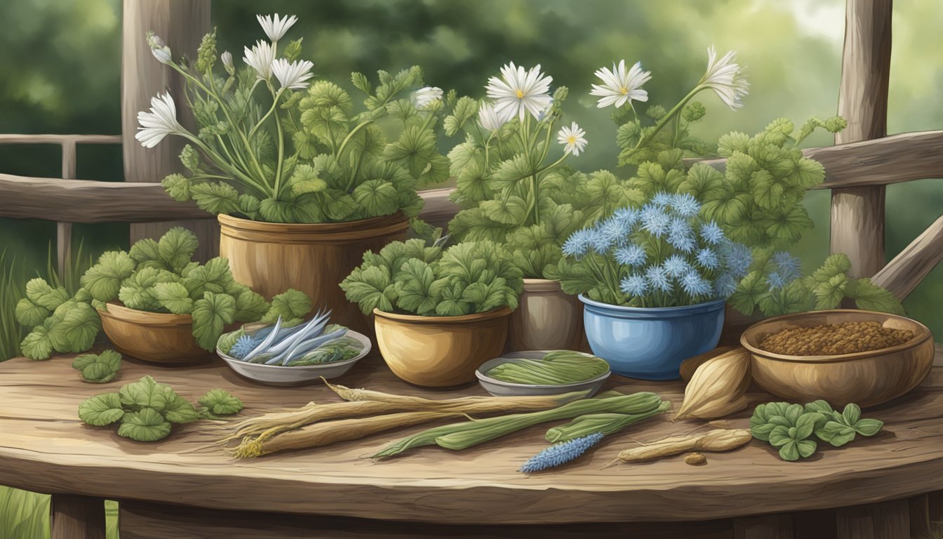 A rustic table with a variety of wild plants, including chicory root, arranged in a natural, outdoor setting