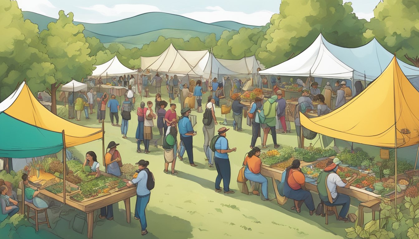 A bustling festival with colorful tents, people sampling wild edibles, and chefs preparing foraged dishes. Music fills the air as attendees explore the various booths and learn about sustainable foraging practices