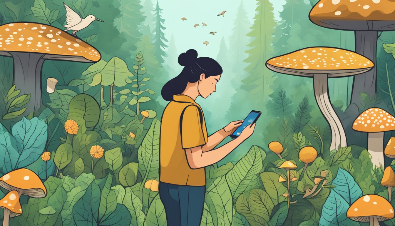 A person using a smartphone to explore a lush forest, surrounded by various wild plants and mushrooms. The screen displays a variety of foraging apps