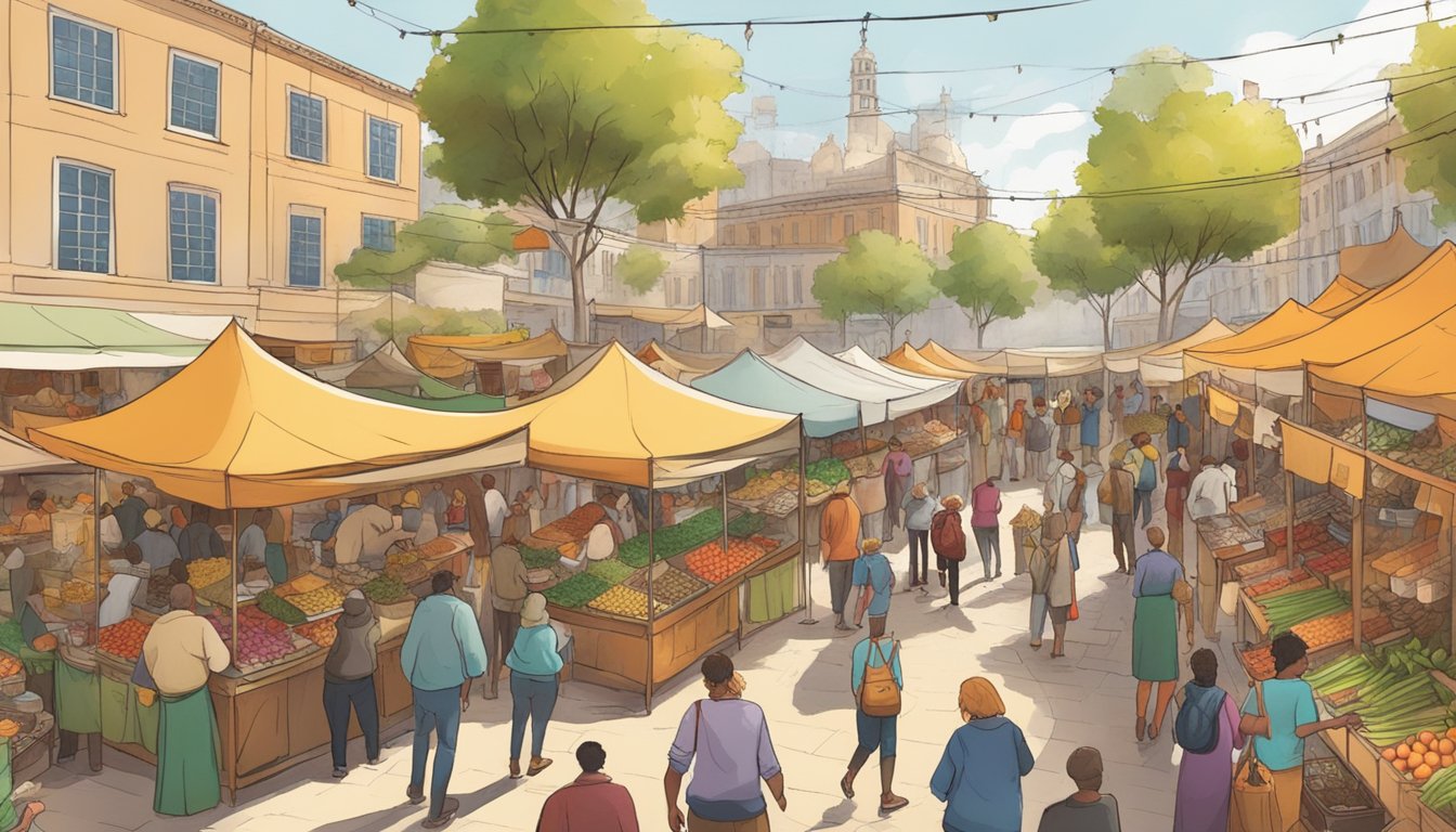 A bustling marketplace filled with colorful stalls showcasing an array of wild foraged foods and local produce, surrounded by lively music and dancing