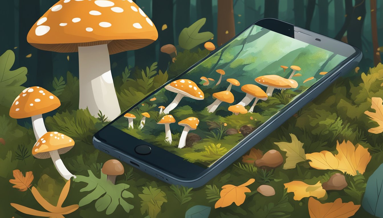 A lush forest floor with various wild mushrooms scattered among fallen leaves and moss. A smartphone with foraging apps displayed is held up by a hand in the background