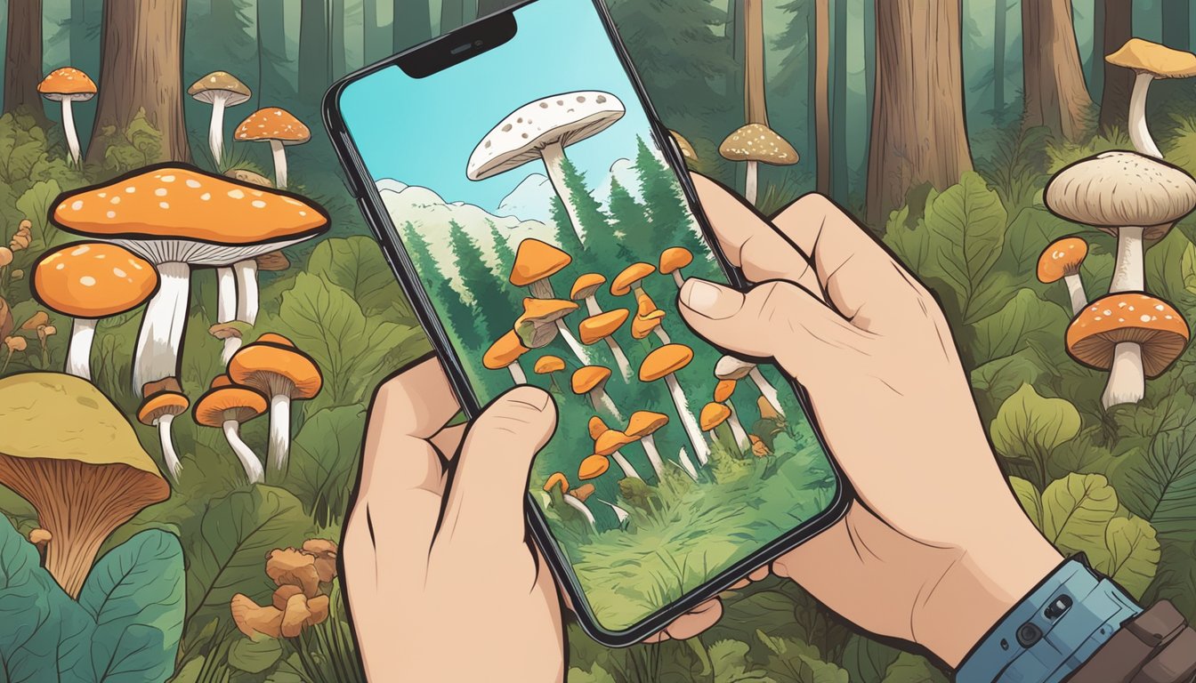 A hand holding a smartphone with a mushroom identification app open, surrounded by various types of wild mushrooms in a forest setting