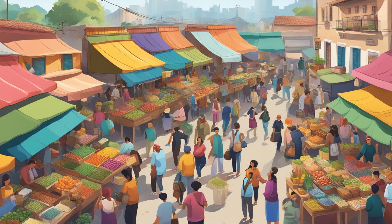 A bustling market filled with colorful stalls and vendors selling a variety of foraged goods from around the world, surrounded by lively music and dancing