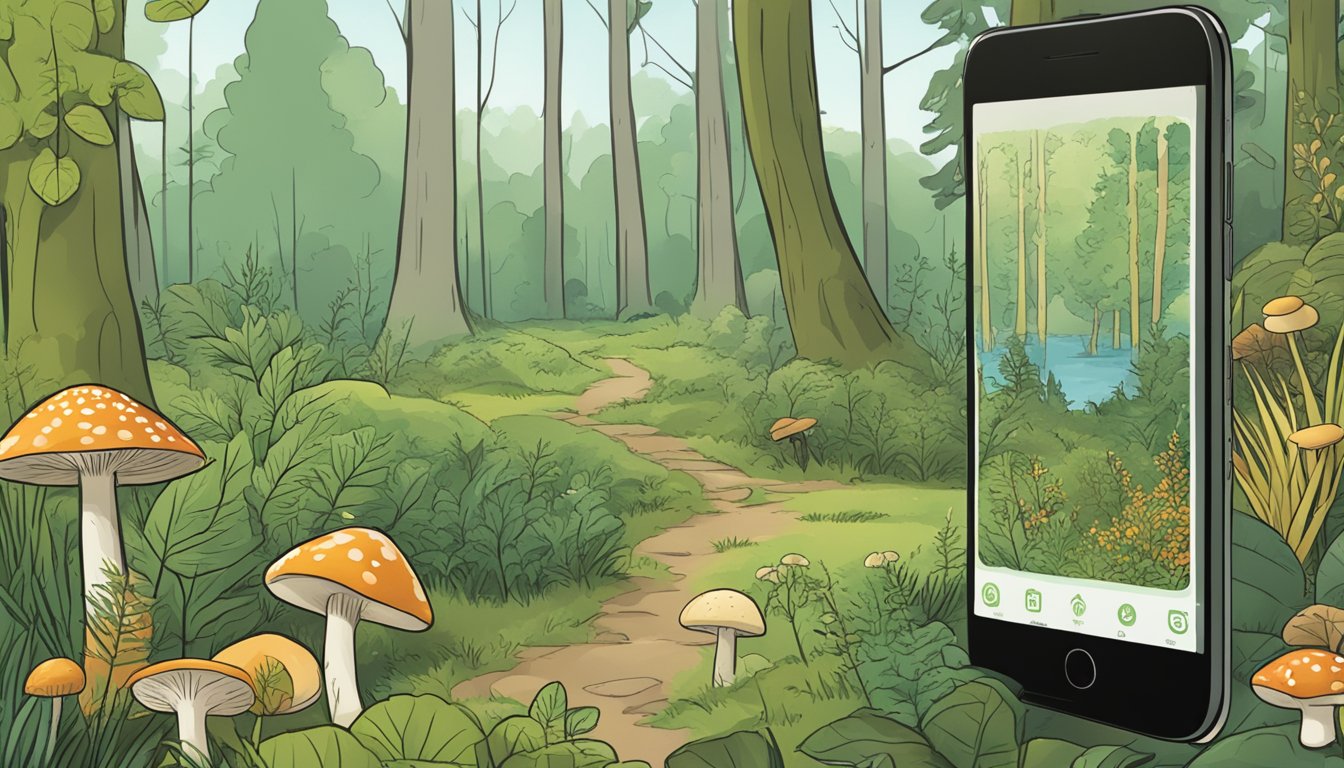 A smartphone displaying the Leafsnap app open in a forest setting, surrounded by various wild edible plants and mushrooms