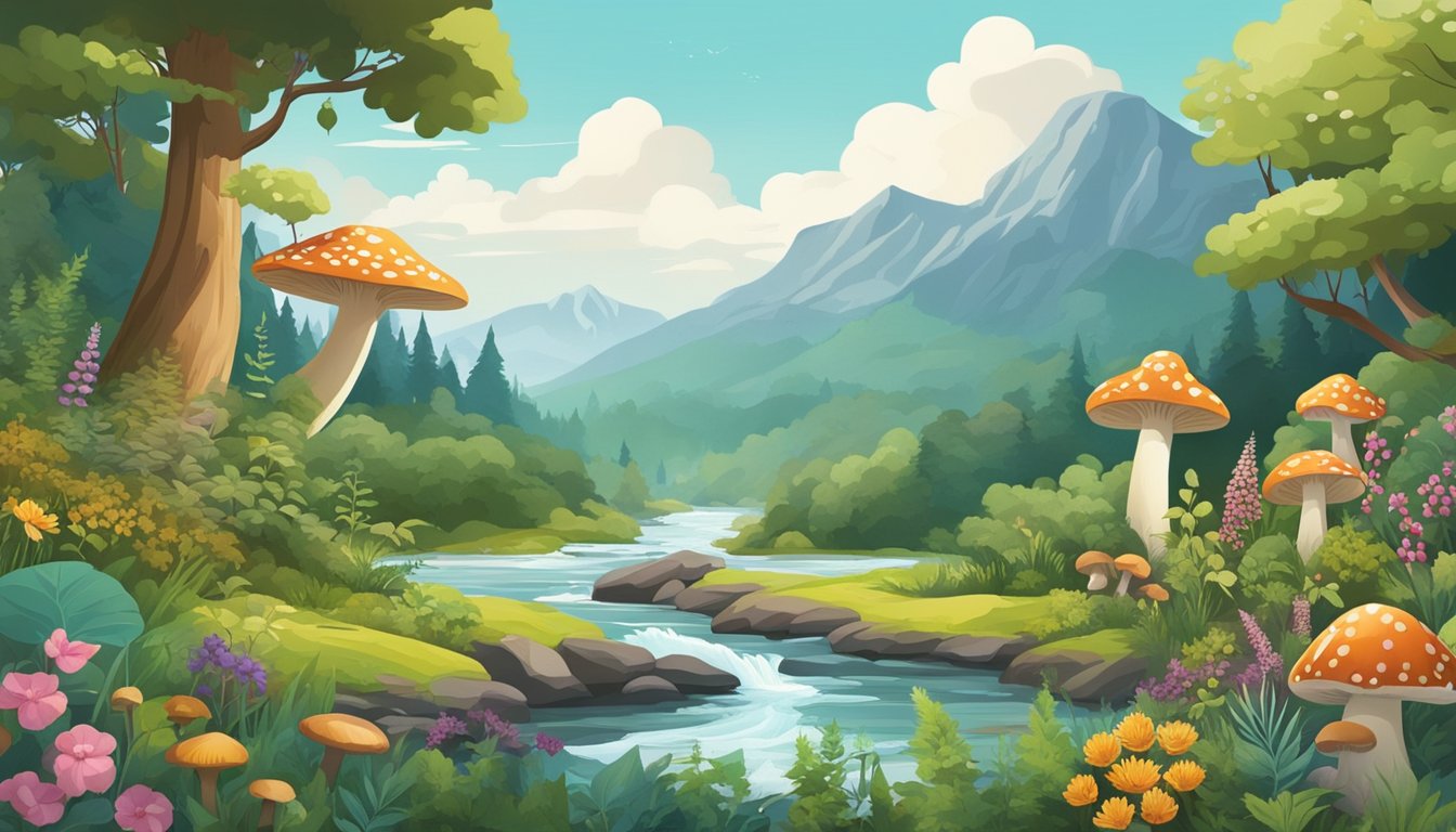 A lush forest with diverse flora and fauna, surrounded by a flowing river and mountains in the background. Various foraged items such as mushrooms, berries, and wild herbs are scattered throughout the scene