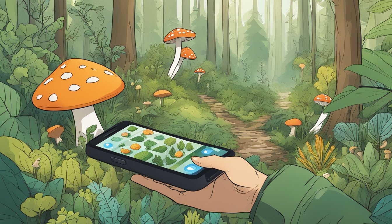 A lush forest with various wild plants and mushrooms, a smartphone displaying foraging apps, and a person exploring and gathering edible foods