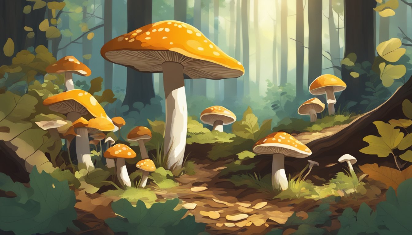 A lush forest floor with various types of wild mushrooms growing among fallen leaves and twigs. Sunlight filters through the canopy, casting dappled shadows on the ground