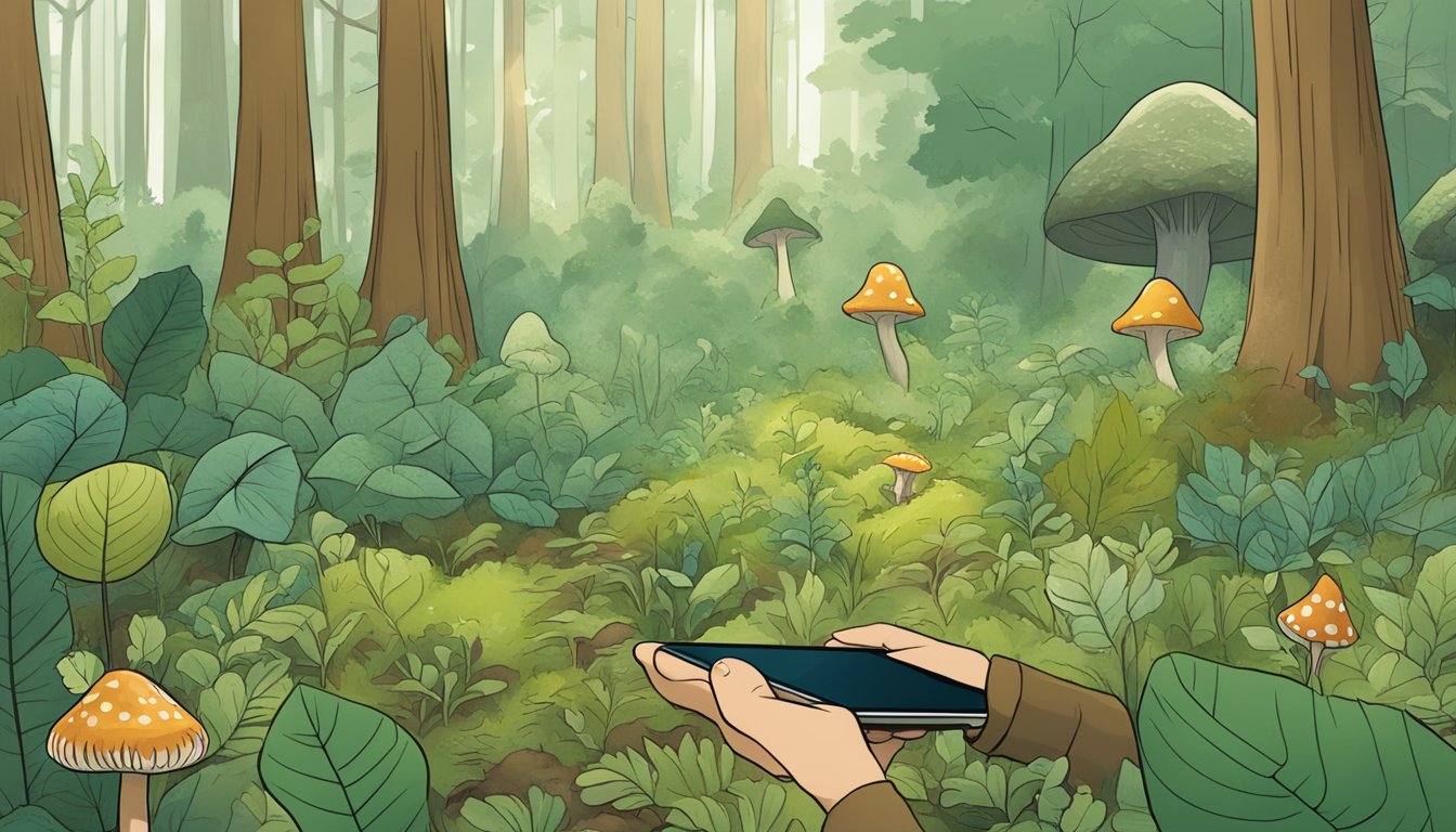 A lush forest with various types of wild edible plants and mushrooms scattered across the ground, with a person using a foraging app on their smartphone to identify and collect them