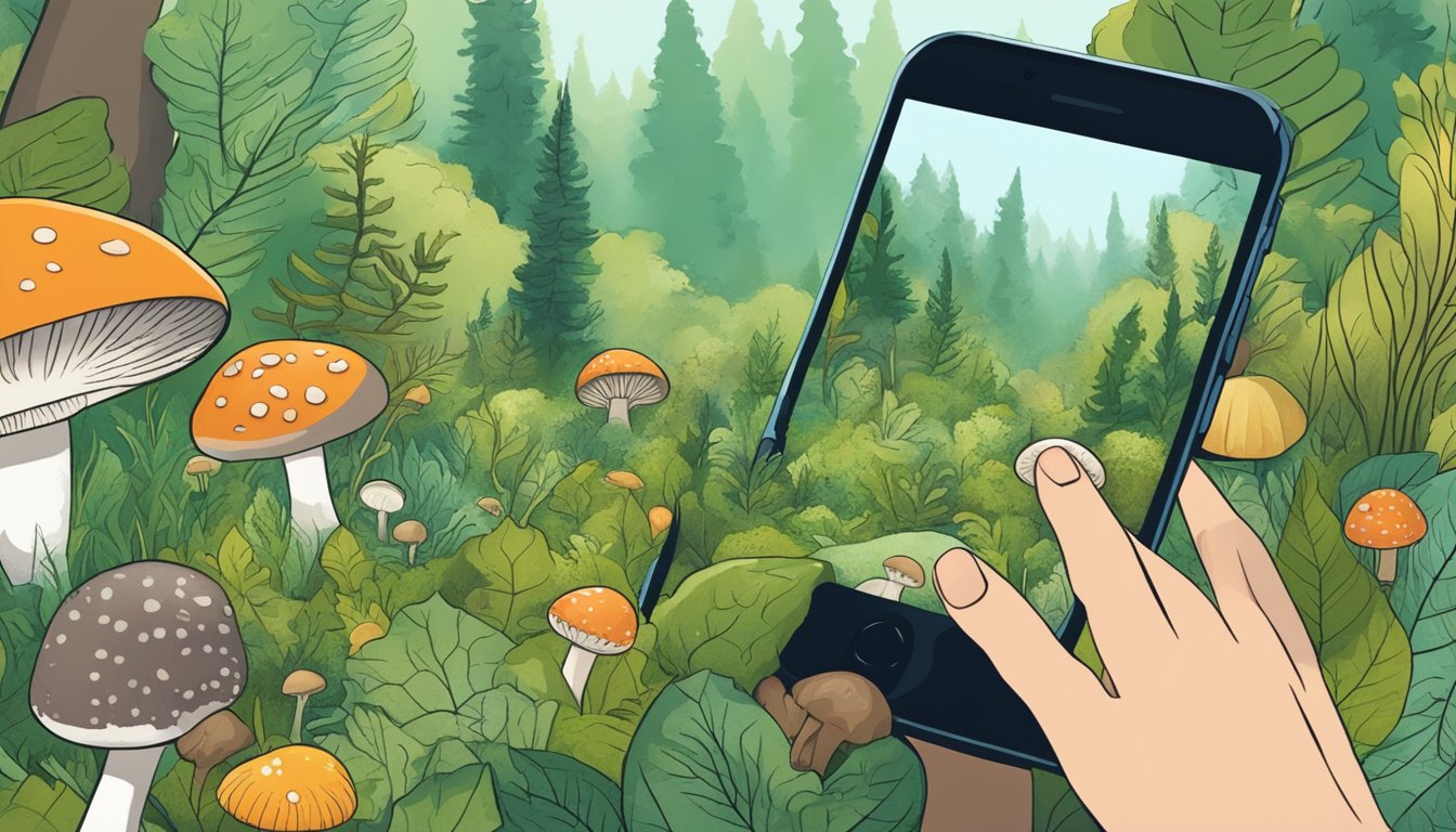 A lush forest with various wild plants and mushrooms, a smartphone displaying foraging apps, and a person using a magnifying glass to inspect a mushroom