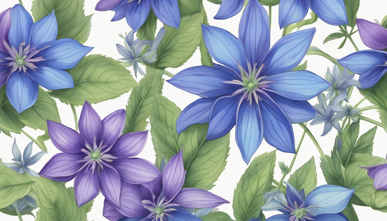 A vibrant array of borage blossoms in various shades of blue and purple, with delicate, star-shaped petals and a hint of green foliage