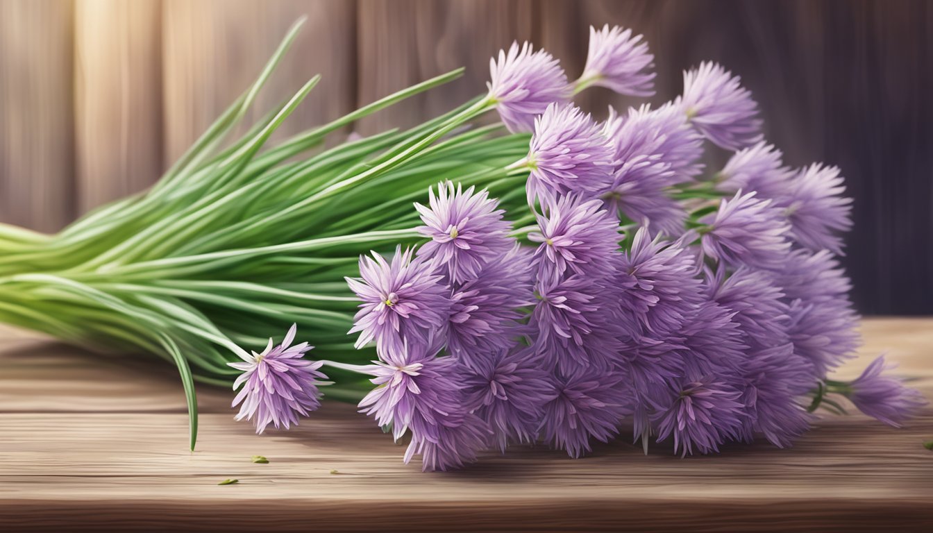 A vibrant bouquet of chive flowers, dainty and delicate, set against a rustic backdrop of a wooden table or a garden setting