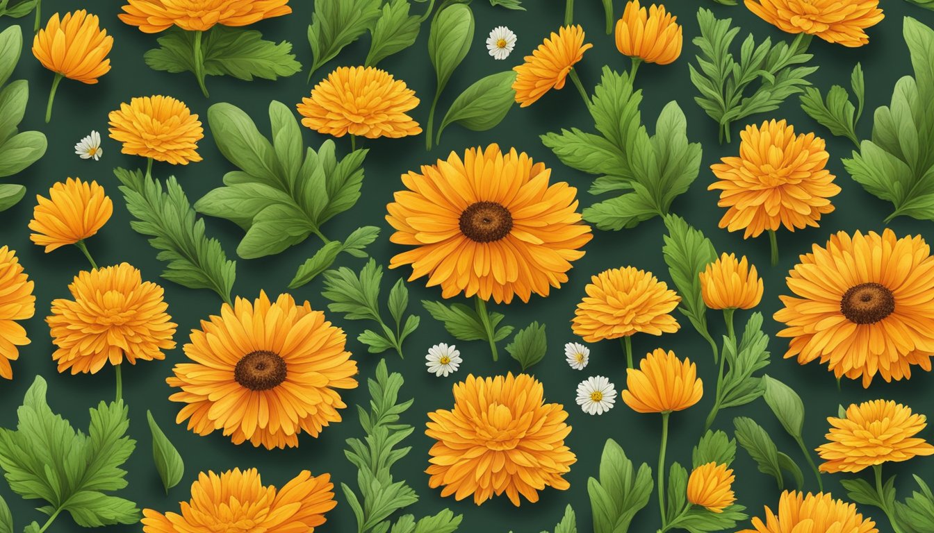 A colorful array of calendula flowers arranged on a wooden cutting board, surrounded by vibrant green leaves and other edible blooms