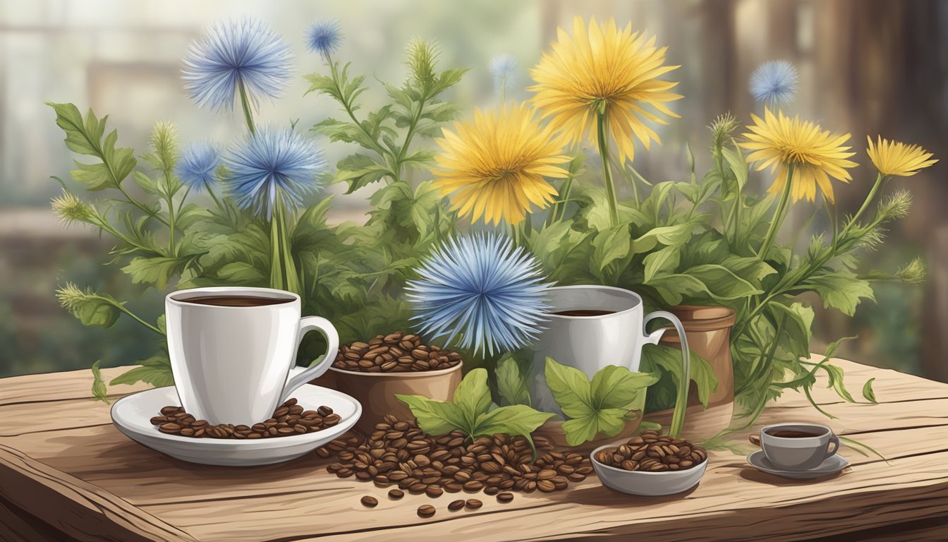 A rustic wooden table displays 8 wild plants, including chicory and dandelion, surrounded by scattered coffee beans and a steaming cup