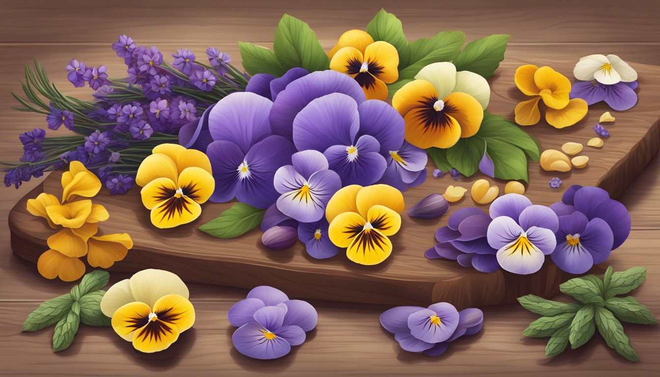 A colorful assortment of lavender, pansies, violets, and other edible flowers arranged on a wooden cutting board