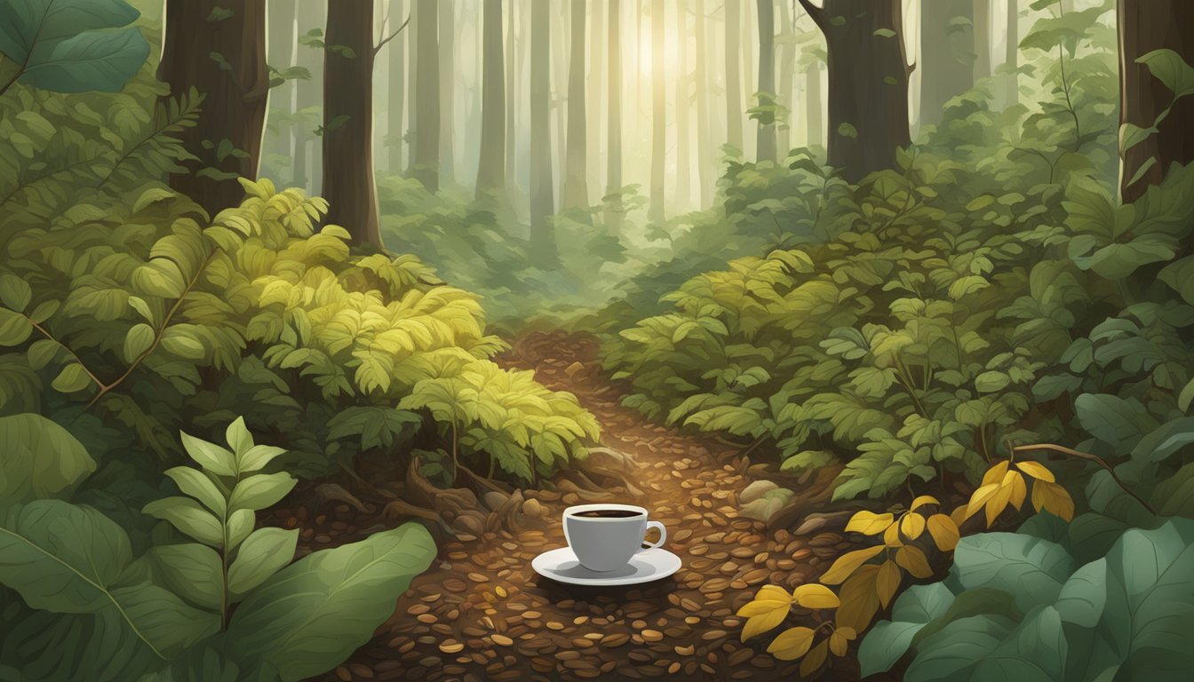 A lush forest floor with beech nuts, wild plants, and coffee substitutes scattered amongst the foliage