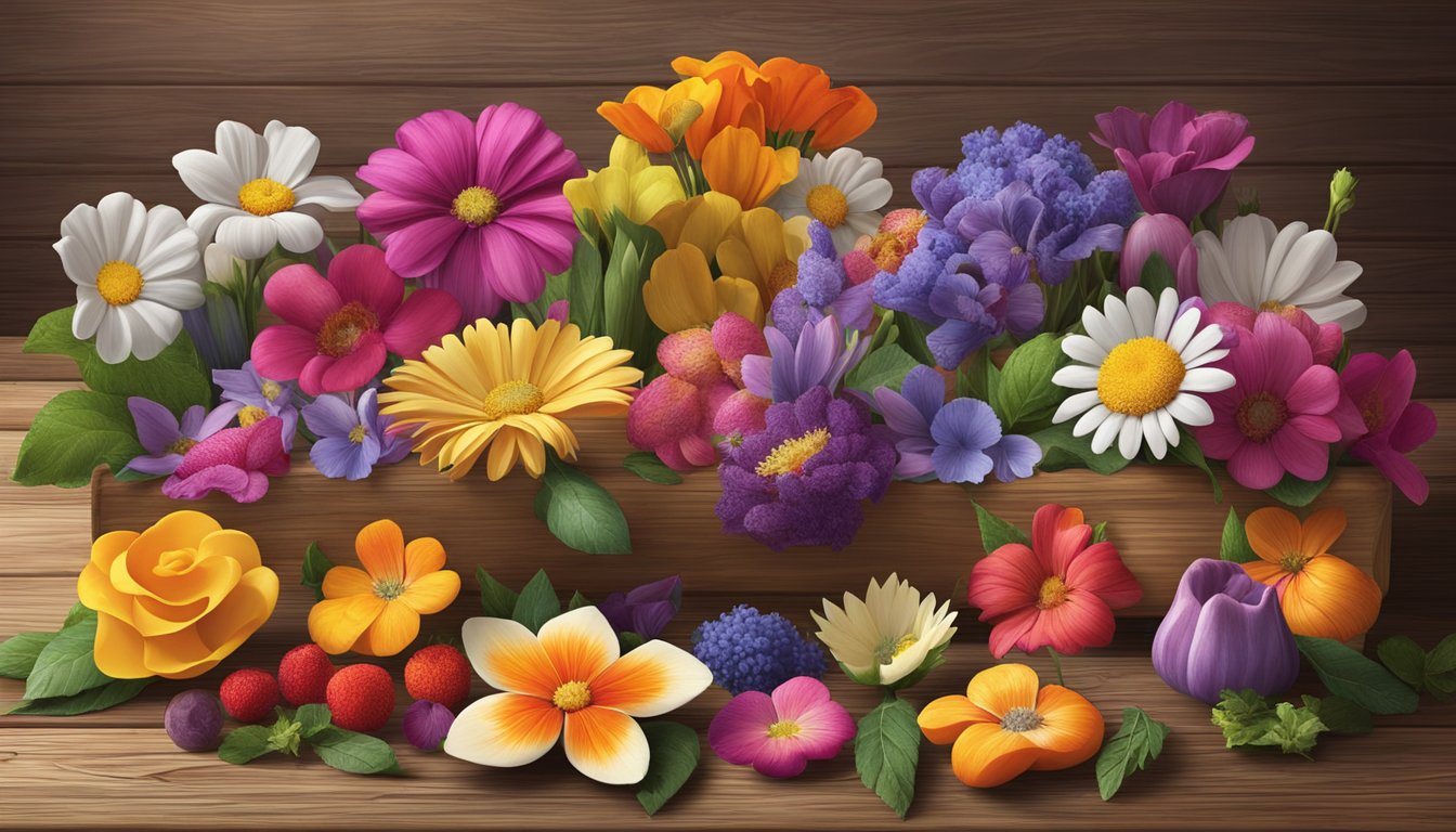 A colorful array of edible flowers arranged on a rustic wooden table, showcasing their diverse shapes, sizes, and vibrant hues