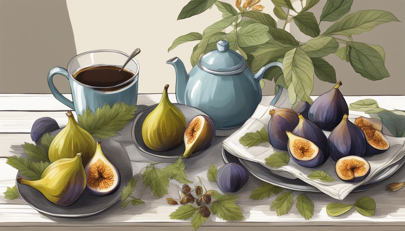 A rustic table with a spread of roasted figs and various wild plants, evoking a cozy atmosphere for coffee substitutes